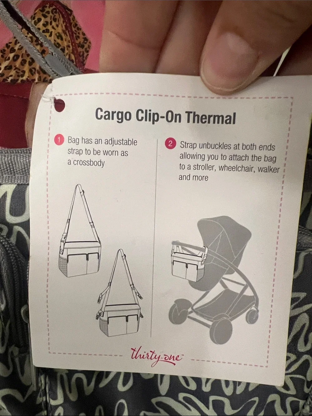 thirty-one Gray and White Cargo clip on thermal lunch tote